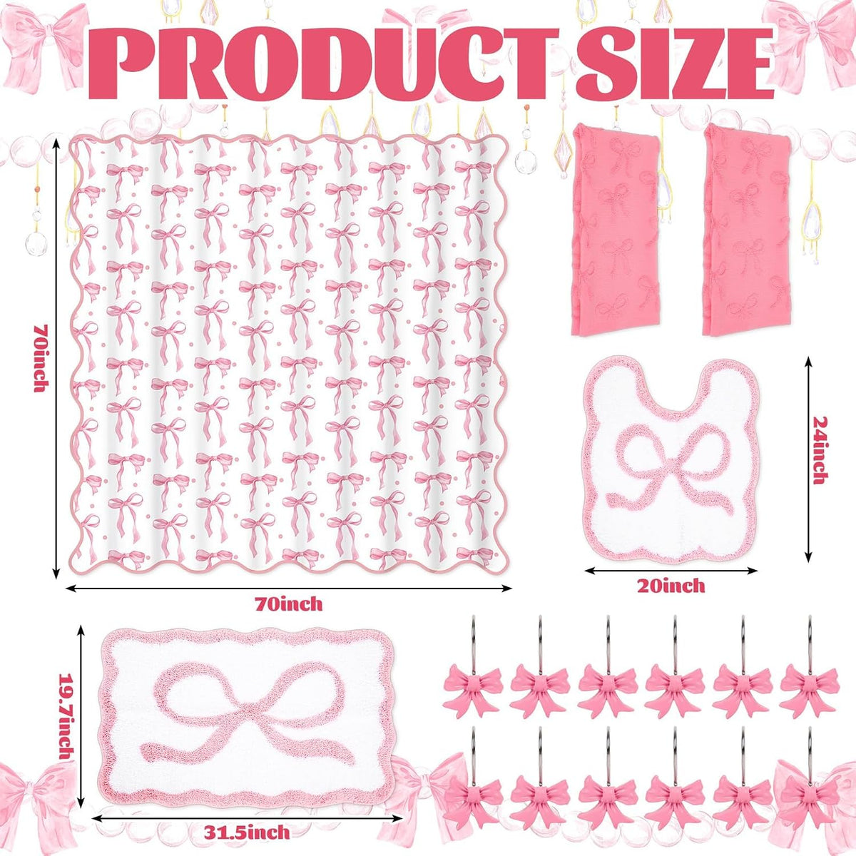17Pcs Pink Bow Shower Curtain Set Bathroom Decor