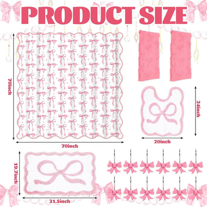 17Pcs Pink Bow Shower Curtain Set Bathroom Decor