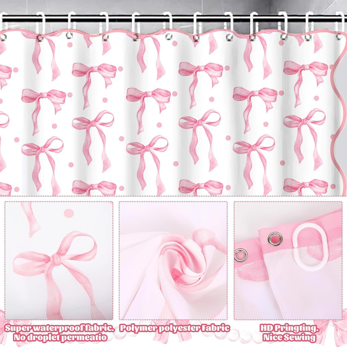 17Pcs Pink Bow Shower Curtain Set Bathroom Decor
