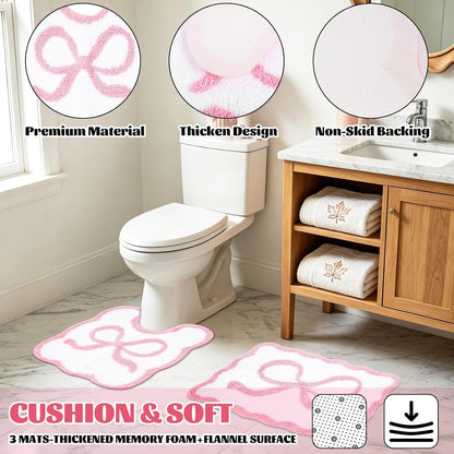 17Pcs Pink Bow Shower Curtain Set Bathroom Decor