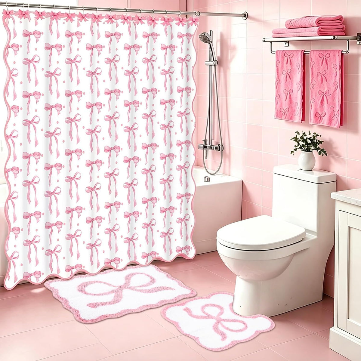 17Pcs Pink Bow Shower Curtain Set Bathroom Decor