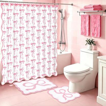 17Pcs Pink Bow Shower Curtain Set Bathroom Decor