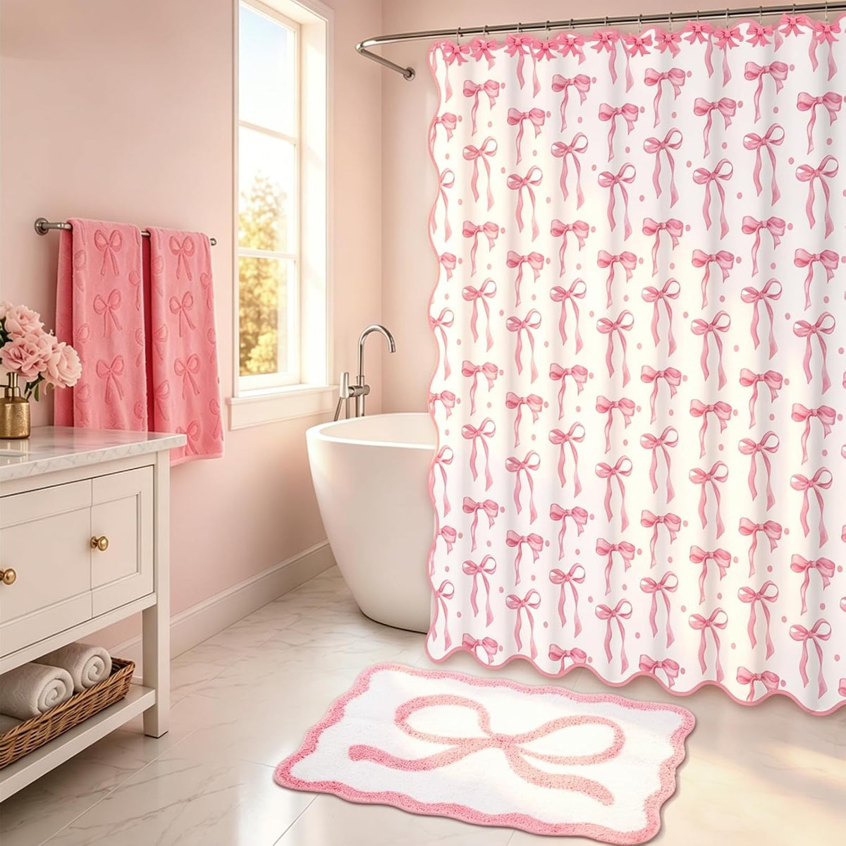 17Pcs Pink Bow Shower Curtain Set Bathroom Decor