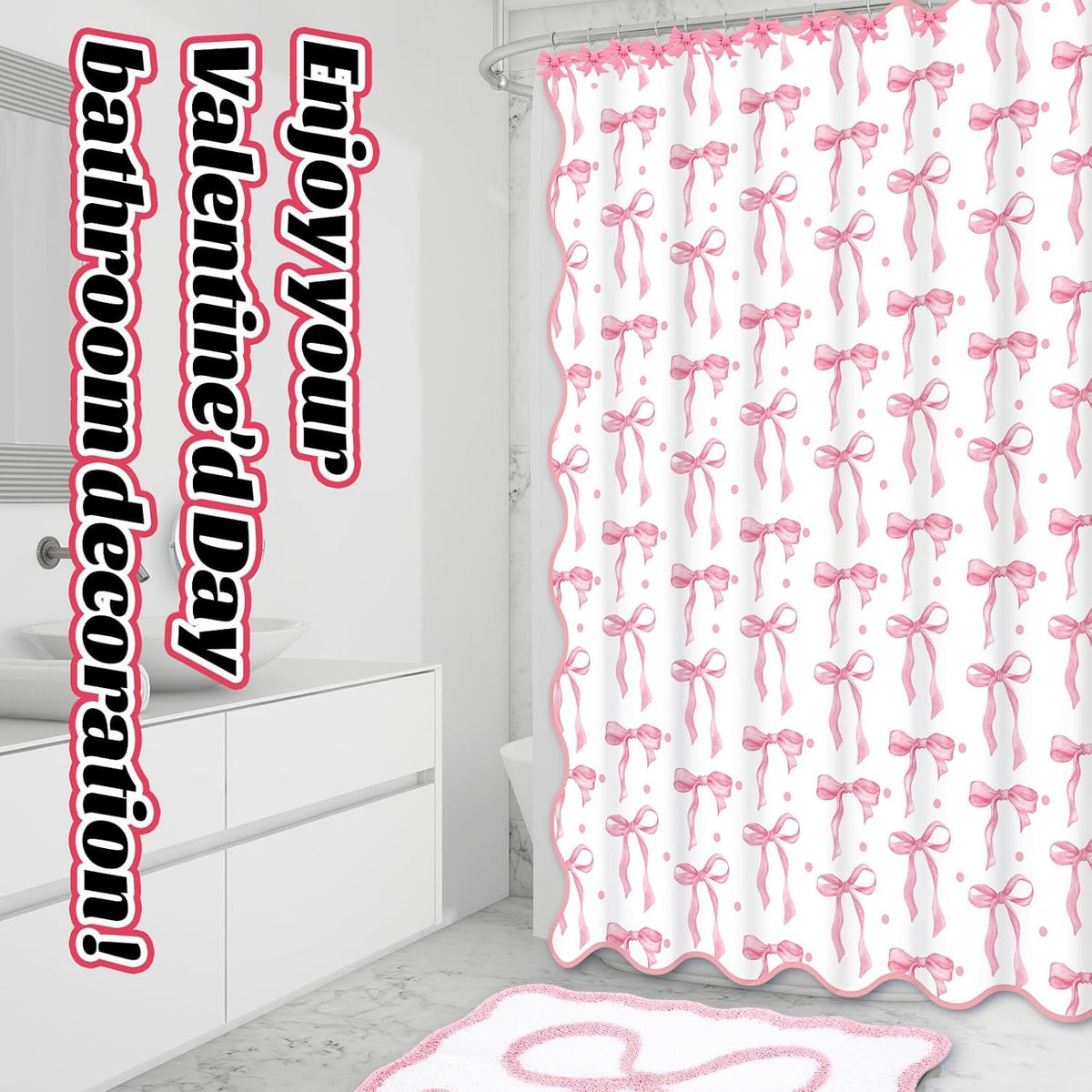 17Pcs Pink Bow Shower Curtain Set Bathroom Decor