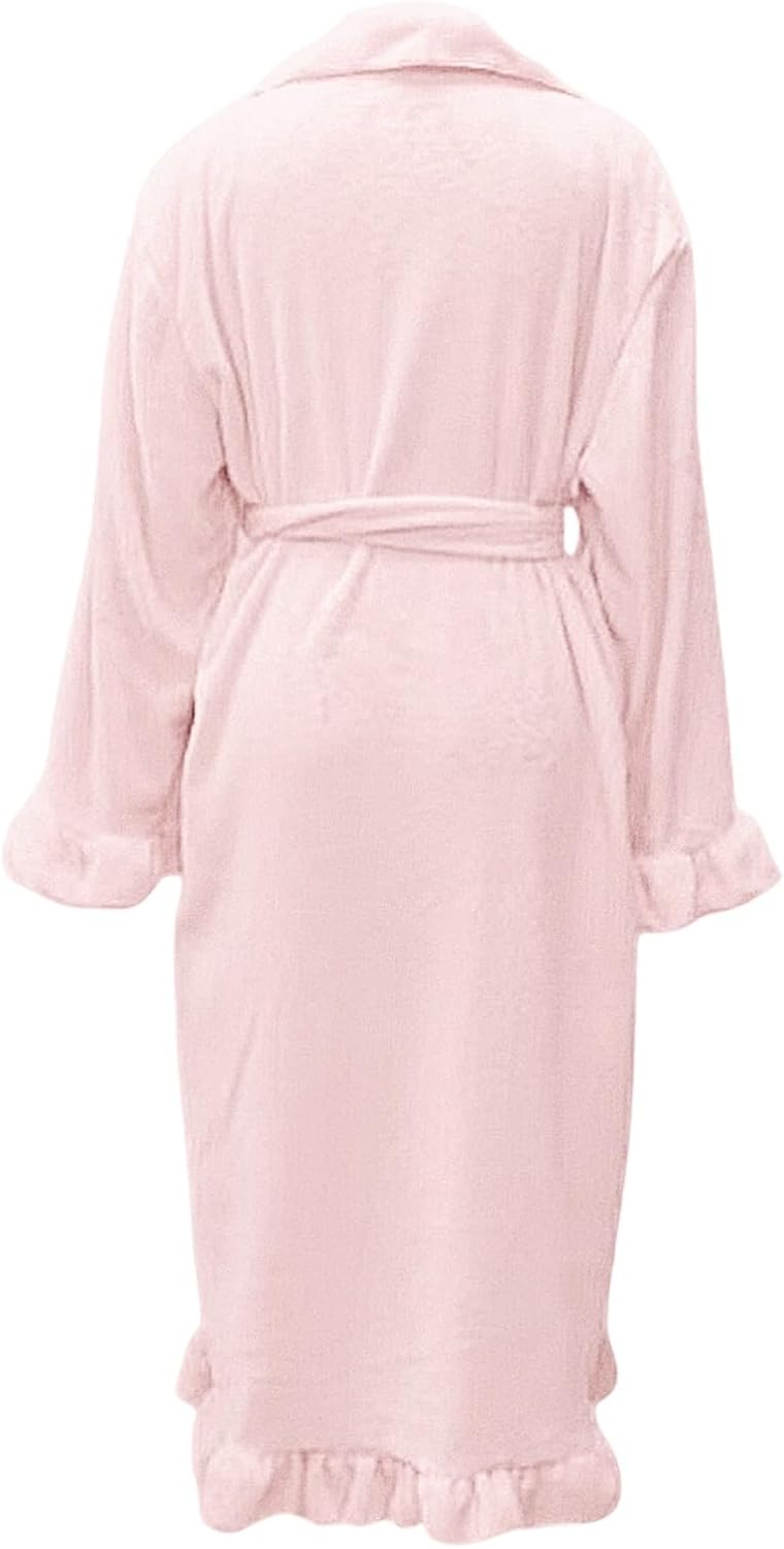 Women Robe Ultra Soft Ruffle Ankle-Length Lightweight Soft Fleece Bathrobe Cozy Lapel Sleepwear Flannel Loungewear