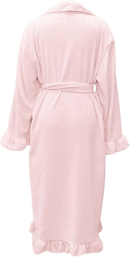 Women Robe Ultra Soft Ruffle Ankle-Length Lightweight Soft Fleece Bathrobe Cozy Lapel Sleepwear Flannel Loungewear