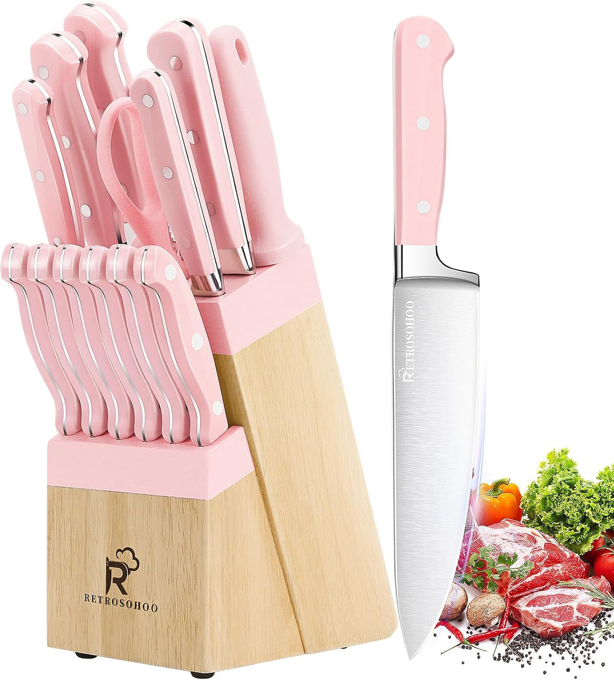 Kitchen Knife Set,14-Piece Triple Riveted Knife Block Set, High Carbon-Stainless Steel Chef Knife set,Razor-Sharp Knife Set with Wood Block,Cutlery Knife Set,Durable & Dishwasher Safe (Pink), M
