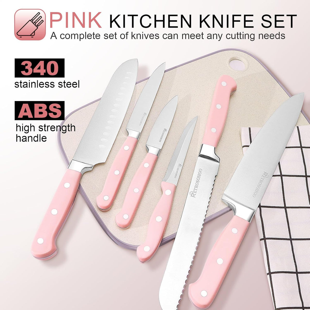 Kitchen Knife Set,14-Piece Triple Riveted Knife Block Set, High Carbon-Stainless Steel Chef Knife set,Razor-Sharp Knife Set with Wood Block,Cutlery Knife Set,Durable & Dishwasher Safe (Pink), M