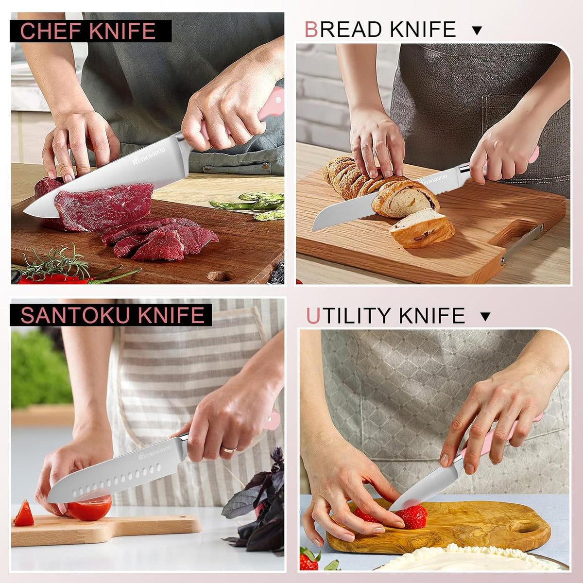 Kitchen Knife Set,14-Piece Triple Riveted Knife Block Set, High Carbon-Stainless Steel Chef Knife set,Razor-Sharp Knife Set with Wood Block,Cutlery Knife Set,Durable & Dishwasher Safe (Pink), M