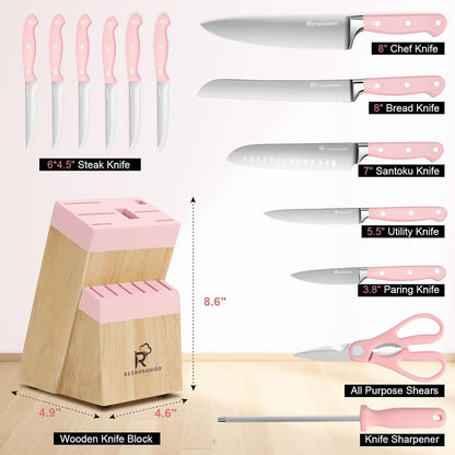Kitchen Knife Set,14-Piece Triple Riveted Knife Block Set, High Carbon-Stainless Steel Chef Knife set,Razor-Sharp Knife Set with Wood Block,Cutlery Knife Set,Durable & Dishwasher Safe (Pink), M