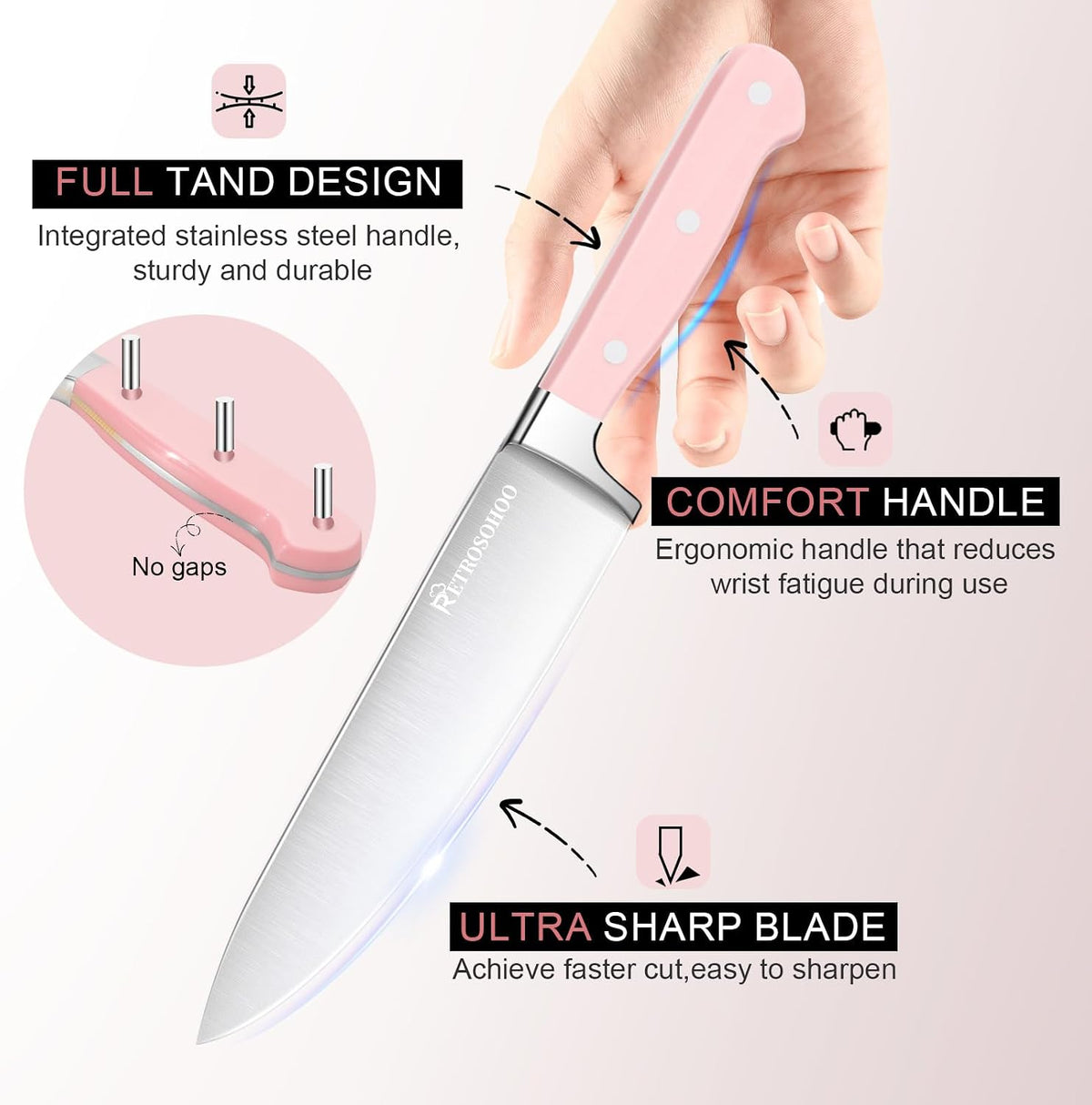 Kitchen Knife Set,14-Piece Triple Riveted Knife Block Set, High Carbon-Stainless Steel Chef Knife set,Razor-Sharp Knife Set with Wood Block,Cutlery Knife Set,Durable & Dishwasher Safe (Pink), M