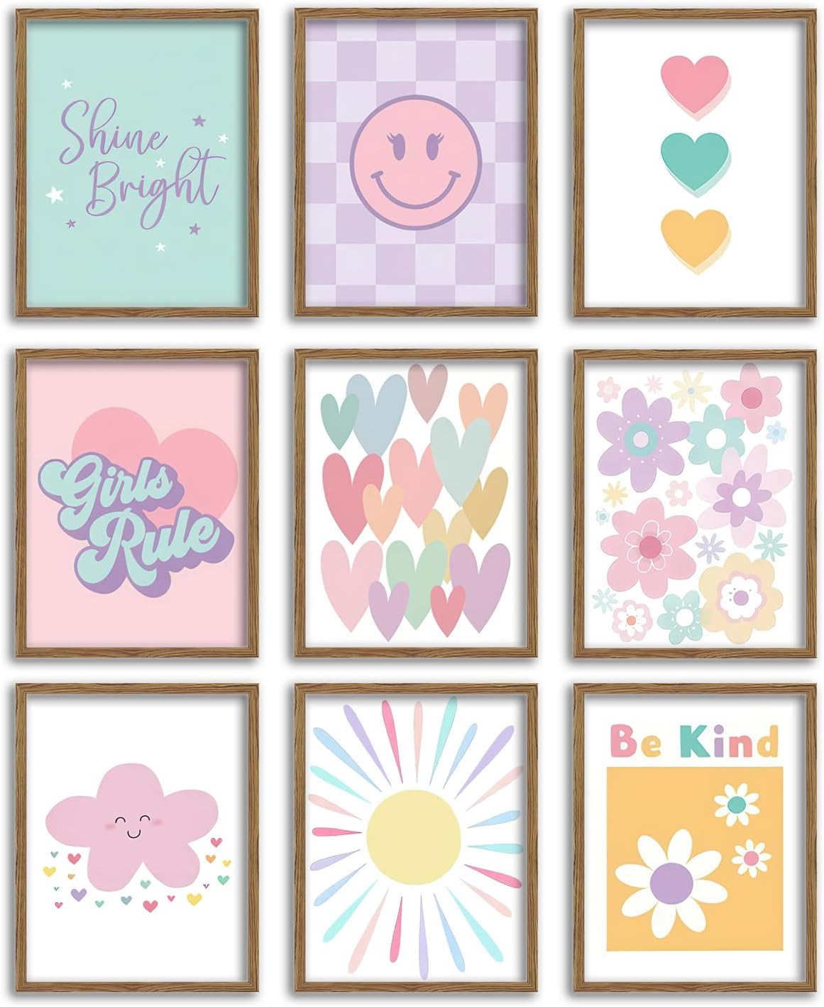 9 Pcs Girls Room Wall Art Set, Pink Pastel Kids Canvas Posters with Hearts Smile Flowers, Cute Inspirational Nursery Decor for Baby Toddler Teen Girl Bedroom Playroom 8x10 Inch Unframed
