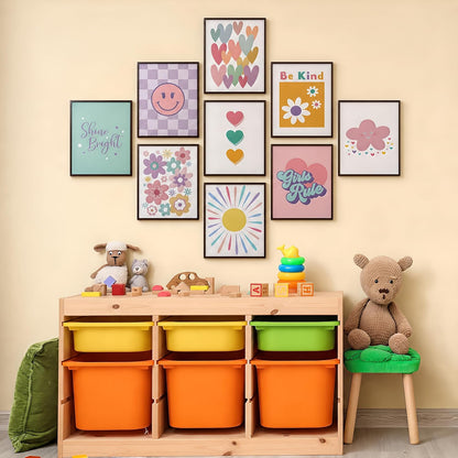 9 Pcs Girls Room Wall Art Set, Pink Pastel Kids Canvas Posters with Hearts Smile Flowers, Cute Inspirational Nursery Decor for Baby Toddler Teen Girl Bedroom Playroom 8x10 Inch Unframed