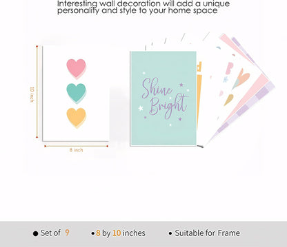 9 Pcs Girls Room Wall Art Set, Pink Pastel Kids Canvas Posters with Hearts Smile Flowers, Cute Inspirational Nursery Decor for Baby Toddler Teen Girl Bedroom Playroom 8x10 Inch Unframed