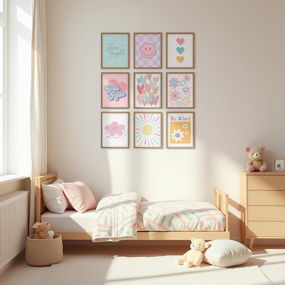 9 Pcs Girls Room Wall Art Set, Pink Pastel Kids Canvas Posters with Hearts Smile Flowers, Cute Inspirational Nursery Decor for Baby Toddler Teen Girl Bedroom Playroom 8x10 Inch Unframed