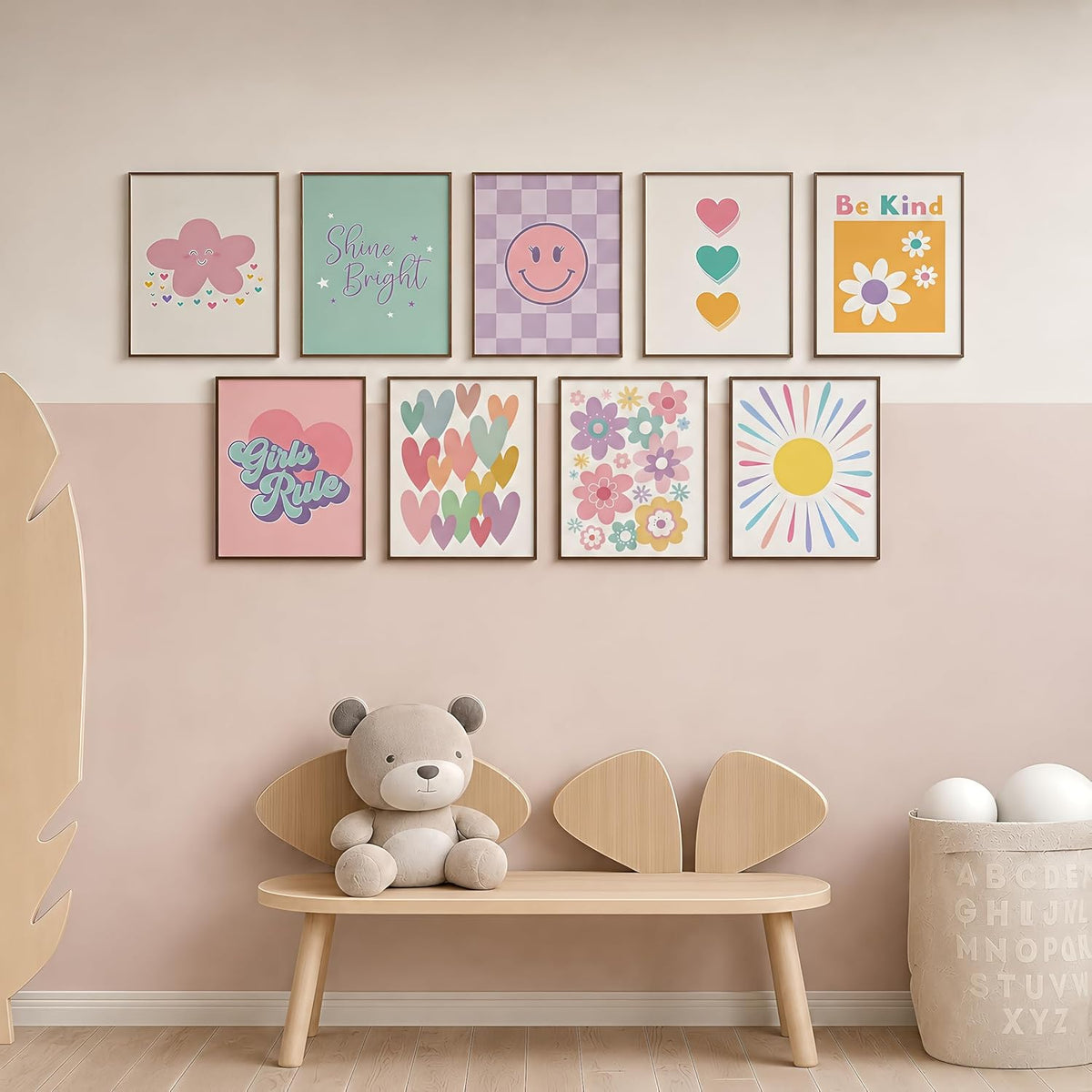 9 Pcs Girls Room Wall Art Set, Pink Pastel Kids Canvas Posters with Hearts Smile Flowers, Cute Inspirational Nursery Decor for Baby Toddler Teen Girl Bedroom Playroom 8x10 Inch Unframed