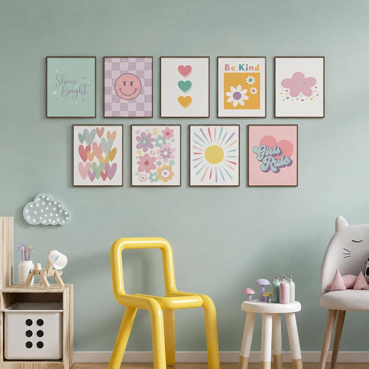 9 Pcs Girls Room Wall Art Set, Pink Pastel Kids Canvas Posters with Hearts Smile Flowers, Cute Inspirational Nursery Decor for Baby Toddler Teen Girl Bedroom Playroom 8x10 Inch Unframed