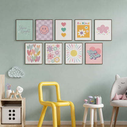 9 Pcs Girls Room Wall Art Set, Pink Pastel Kids Canvas Posters with Hearts Smile Flowers, Cute Inspirational Nursery Decor for Baby Toddler Teen Girl Bedroom Playroom 8x10 Inch Unframed