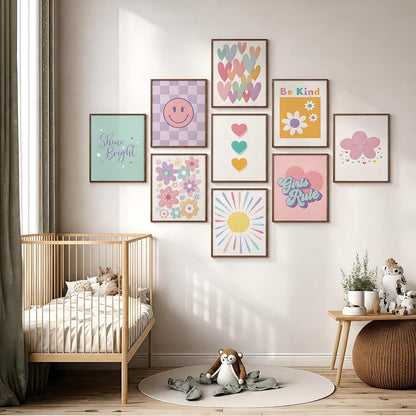 9 Pcs Girls Room Wall Art Set, Pink Pastel Kids Canvas Posters with Hearts Smile Flowers, Cute Inspirational Nursery Decor for Baby Toddler Teen Girl Bedroom Playroom 8x10 Inch Unframed