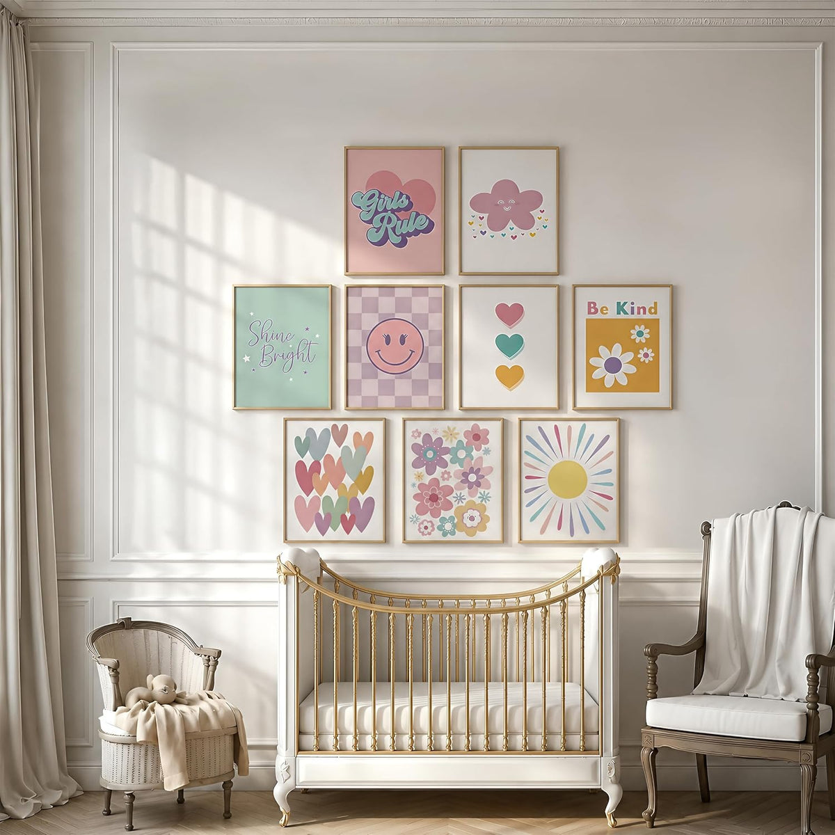 9 Pcs Girls Room Wall Art Set, Pink Pastel Kids Canvas Posters with Hearts Smile Flowers, Cute Inspirational Nursery Decor for Baby Toddler Teen Girl Bedroom Playroom 8x10 Inch Unframed