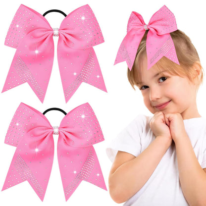 2PCS Glitter Cheer Bow Large Pink Cheer Bows Rhinestones Hair Bows Girls 7"Cheerleading Bows Bulk Elastic Band Ponytail Holder for Teen Girls College Sports Competition