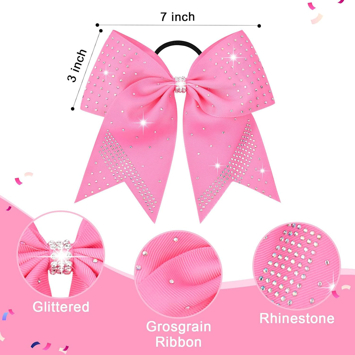 2PCS Glitter Cheer Bow Large Pink Cheer Bows Rhinestones Hair Bows Girls 7"Cheerleading Bows Bulk Elastic Band Ponytail Holder for Teen Girls College Sports Competition