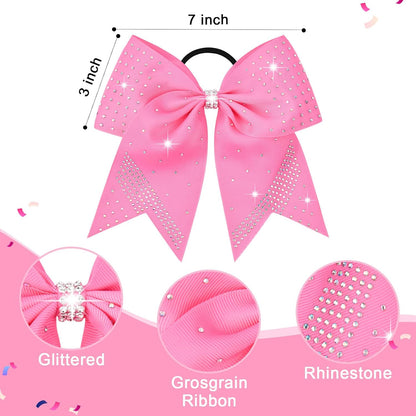2PCS Glitter Cheer Bow Large Pink Cheer Bows Rhinestones Hair Bows Girls 7"Cheerleading Bows Bulk Elastic Band Ponytail Holder for Teen Girls College Sports Competition