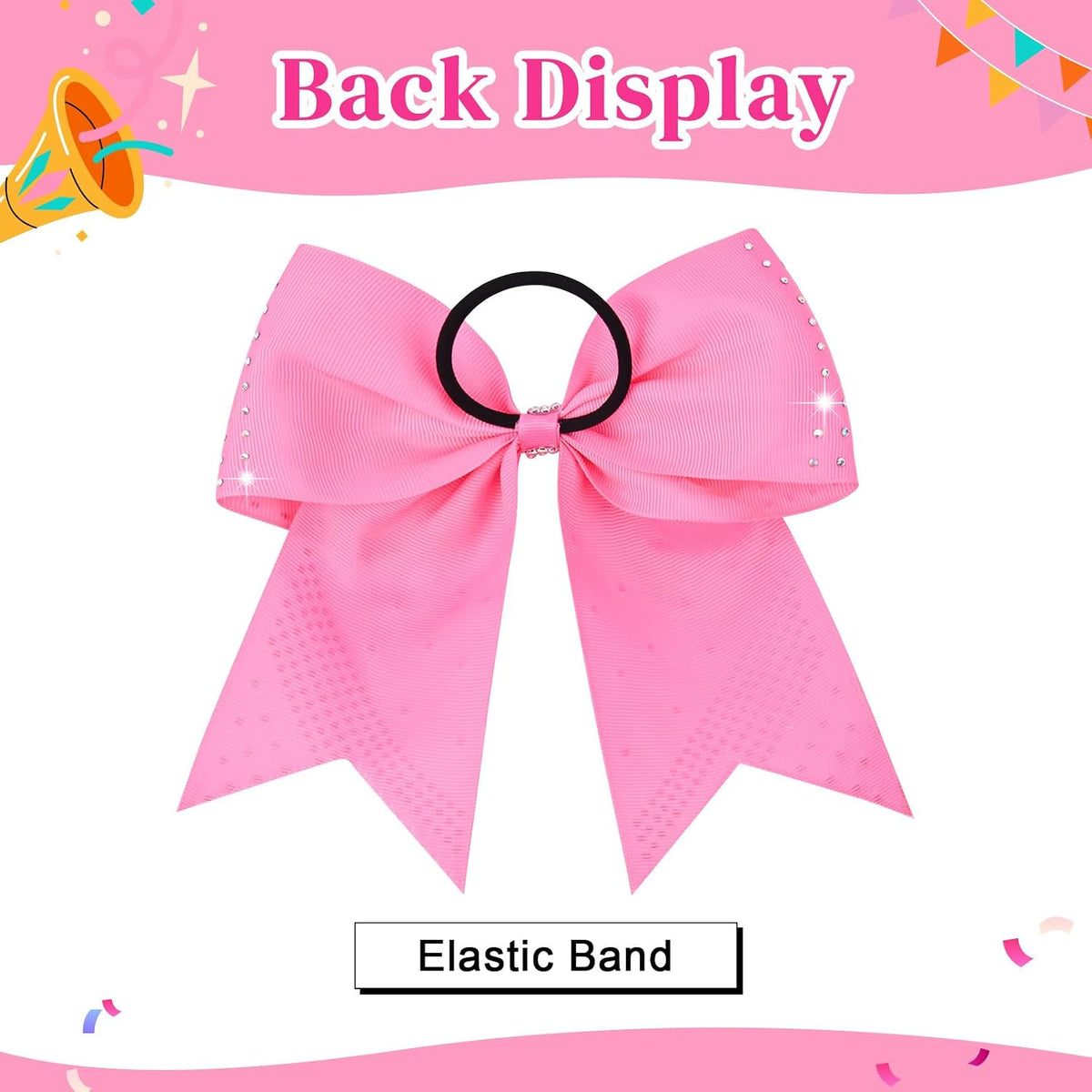 2PCS Glitter Cheer Bow Large Pink Cheer Bows Rhinestones Hair Bows Girls 7"Cheerleading Bows Bulk Elastic Band Ponytail Holder for Teen Girls College Sports Competition