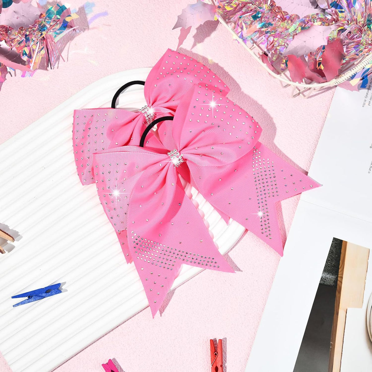 2PCS Glitter Cheer Bow Large Pink Cheer Bows Rhinestones Hair Bows Girls 7"Cheerleading Bows Bulk Elastic Band Ponytail Holder for Teen Girls College Sports Competition