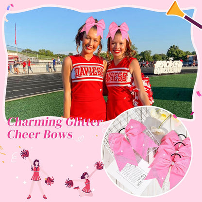 2PCS Glitter Cheer Bow Large Pink Cheer Bows Rhinestones Hair Bows Girls 7"Cheerleading Bows Bulk Elastic Band Ponytail Holder for Teen Girls College Sports Competition