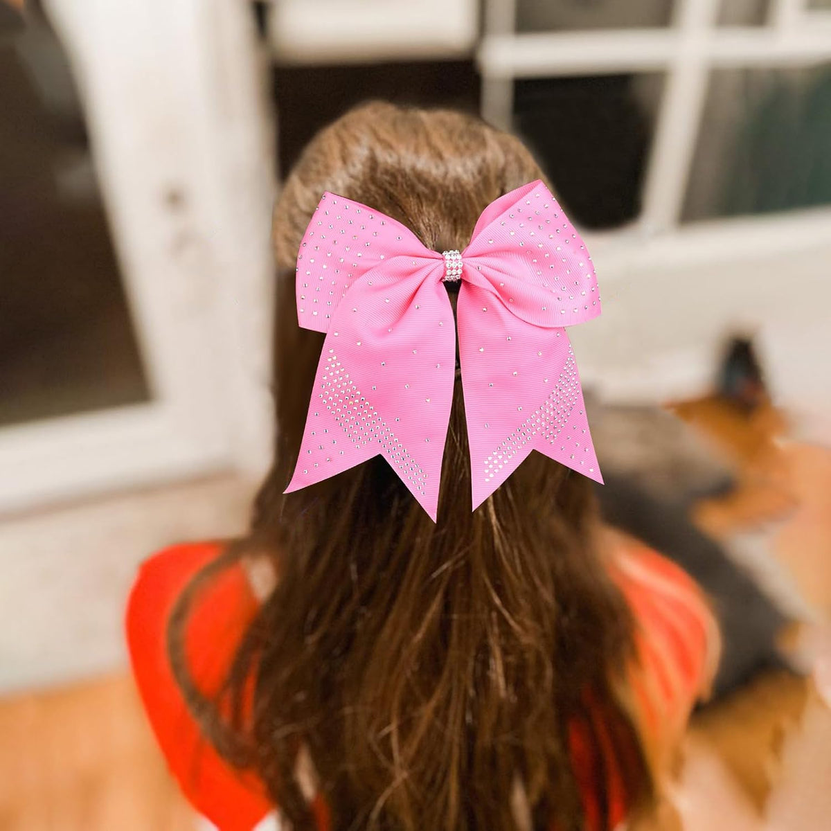 2PCS Glitter Cheer Bow Large Pink Cheer Bows Rhinestones Hair Bows Girls 7"Cheerleading Bows Bulk Elastic Band Ponytail Holder for Teen Girls College Sports Competition