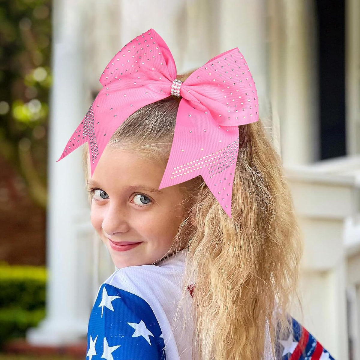 2PCS Glitter Cheer Bow Large Pink Cheer Bows Rhinestones Hair Bows Girls 7"Cheerleading Bows Bulk Elastic Band Ponytail Holder for Teen Girls College Sports Competition