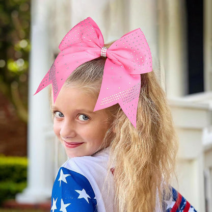 2PCS Glitter Cheer Bow Large Pink Cheer Bows Rhinestones Hair Bows Girls 7"Cheerleading Bows Bulk Elastic Band Ponytail Holder for Teen Girls College Sports Competition