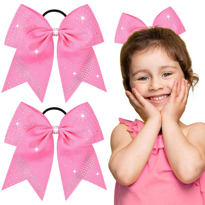2PCS Glitter Cheer Bow Large Pink Cheer Bows Rhinestones Hair Bows Girls 7"Cheerleading Bows Bulk Elastic Band Ponytail Holder for Teen Girls College Sports Competition
