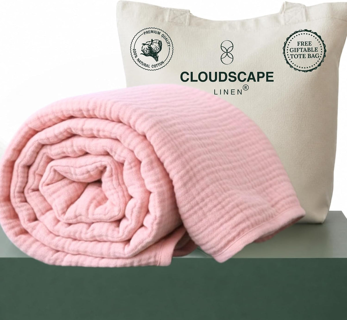 CLOUDSCAPE 4 Layer Muslin Blanket for Adults - 100% Cotton Blanket Queen Size Bedding, 92"x92" Fits Upto Full Size Bed, All-Season Lightweight Gauze Soft, Breathable Summer Blankets - Seashell Pink
