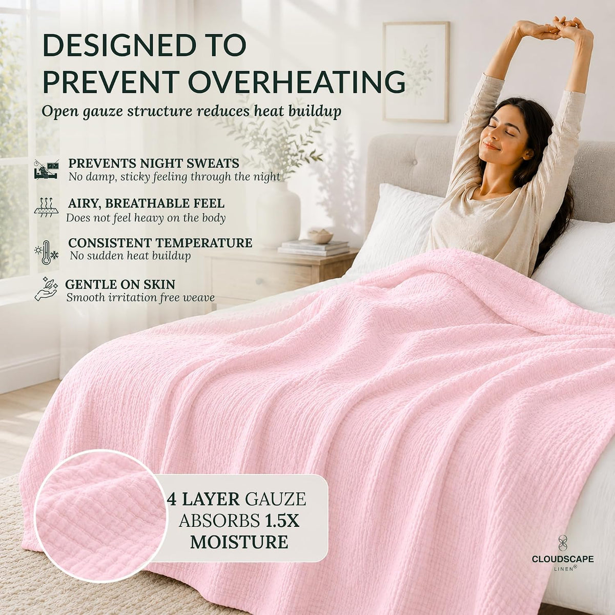CLOUDSCAPE 4 Layer Muslin Blanket for Adults - 100% Cotton Blanket Queen Size Bedding, 92"x92" Fits Upto Full Size Bed, All-Season Lightweight Gauze Soft, Breathable Summer Blankets - Seashell Pink