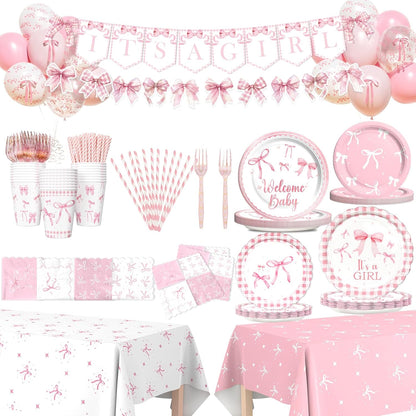 Pink Bow Baby Shower Decorations – 171 PCs Pink Bow Themed Baby Shower Party Supplies with Balloons, Ribbon, Banner, Plates, Cups, Napkins, Cutlery