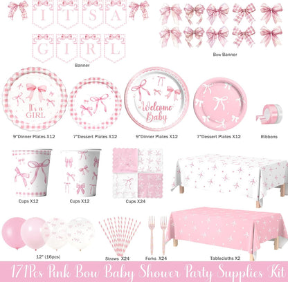 Pink Bow Baby Shower Decorations – 171 PCs Pink Bow Themed Baby Shower Party Supplies with Balloons, Ribbon, Banner, Plates, Cups, Napkins, Cutlery