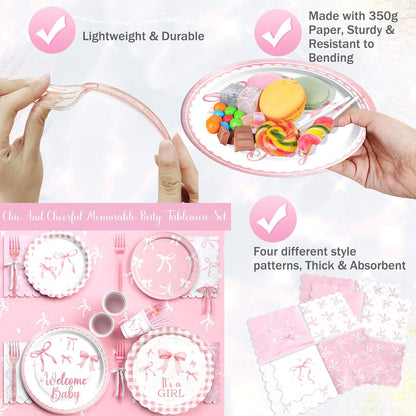Pink Bow Baby Shower Decorations – 171 PCs Pink Bow Themed Baby Shower Party Supplies with Balloons, Ribbon, Banner, Plates, Cups, Napkins, Cutlery