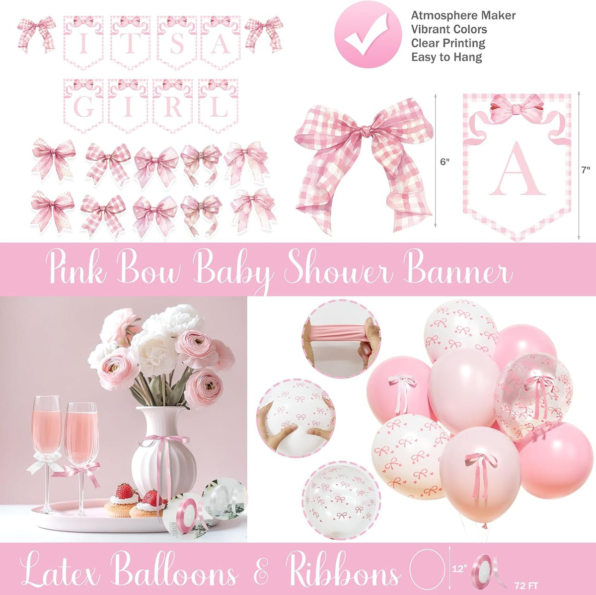 Pink Bow Baby Shower Decorations – 171 PCs Pink Bow Themed Baby Shower Party Supplies with Balloons, Ribbon, Banner, Plates, Cups, Napkins, Cutlery