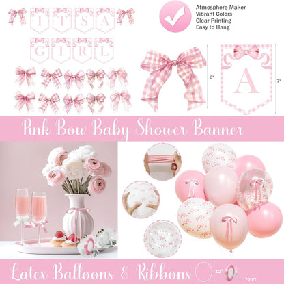 Pink Bow Baby Shower Decorations – 171 PCs Pink Bow Themed Baby Shower Party Supplies with Balloons, Ribbon, Banner, Plates, Cups, Napkins, Cutlery