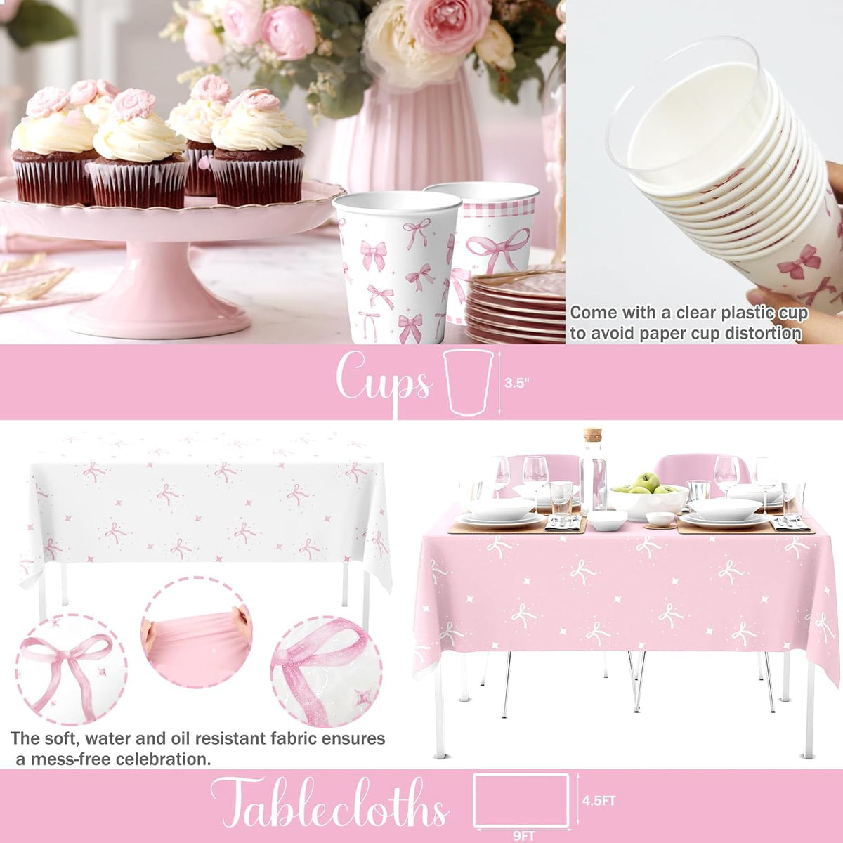 Pink Bow Baby Shower Decorations – 171 PCs Pink Bow Themed Baby Shower Party Supplies with Balloons, Ribbon, Banner, Plates, Cups, Napkins, Cutlery