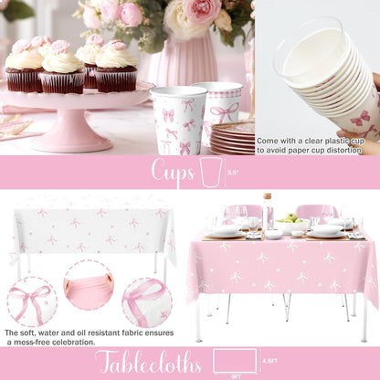 Pink Bow Baby Shower Decorations – 171 PCs Pink Bow Themed Baby Shower Party Supplies with Balloons, Ribbon, Banner, Plates, Cups, Napkins, Cutlery