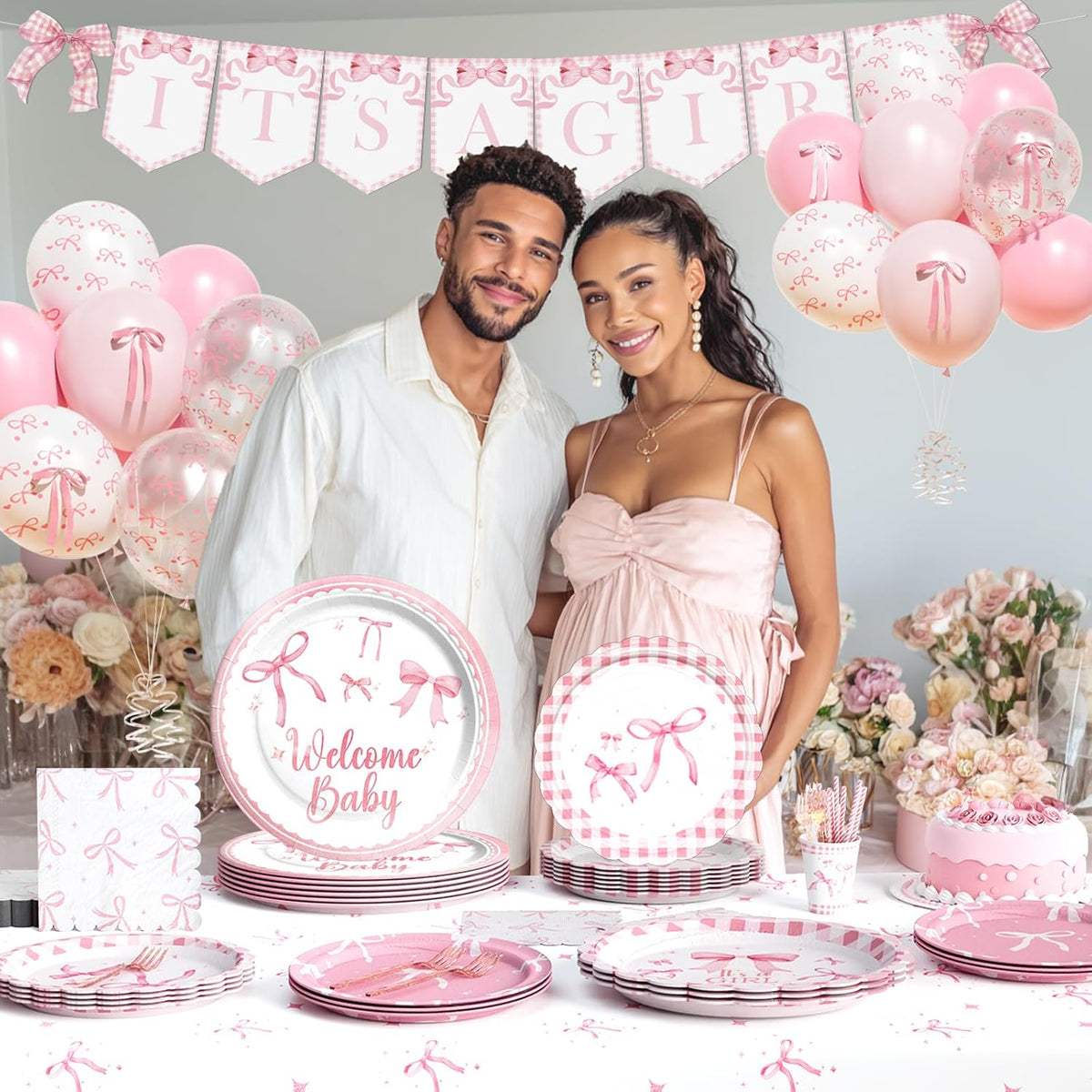Pink Bow Baby Shower Decorations – 171 PCs Pink Bow Themed Baby Shower Party Supplies with Balloons, Ribbon, Banner, Plates, Cups, Napkins, Cutlery