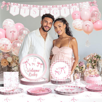 Pink Bow Baby Shower Decorations – 171 PCs Pink Bow Themed Baby Shower Party Supplies with Balloons, Ribbon, Banner, Plates, Cups, Napkins, Cutlery