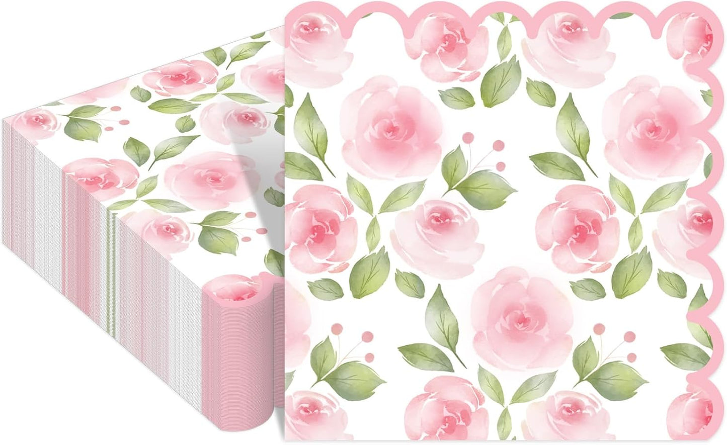 Whaline 100 Pcs Spring Floral Cocktail Napkins Pink Rose Flower Scalloped Paper Napkin Disposable Party Dessert Napkin for Wedding Bridal Baby Shower Birthday Tea Party Supplies Table Decor