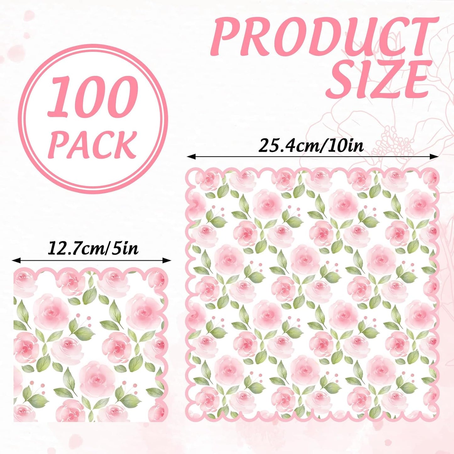Whaline 100 Pcs Spring Floral Cocktail Napkins Pink Rose Flower Scalloped Paper Napkin Disposable Party Dessert Napkin for Wedding Bridal Baby Shower Birthday Tea Party Supplies Table Decor