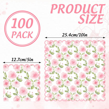 Whaline 100 Pcs Spring Floral Cocktail Napkins Pink Rose Flower Scalloped Paper Napkin Disposable Party Dessert Napkin for Wedding Bridal Baby Shower Birthday Tea Party Supplies Table Decor