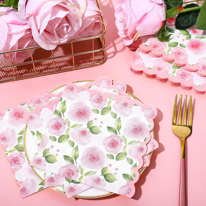 Whaline 100 Pcs Spring Floral Cocktail Napkins Pink Rose Flower Scalloped Paper Napkin Disposable Party Dessert Napkin for Wedding Bridal Baby Shower Birthday Tea Party Supplies Table Decor