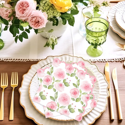 Whaline 100 Pcs Spring Floral Cocktail Napkins Pink Rose Flower Scalloped Paper Napkin Disposable Party Dessert Napkin for Wedding Bridal Baby Shower Birthday Tea Party Supplies Table Decor